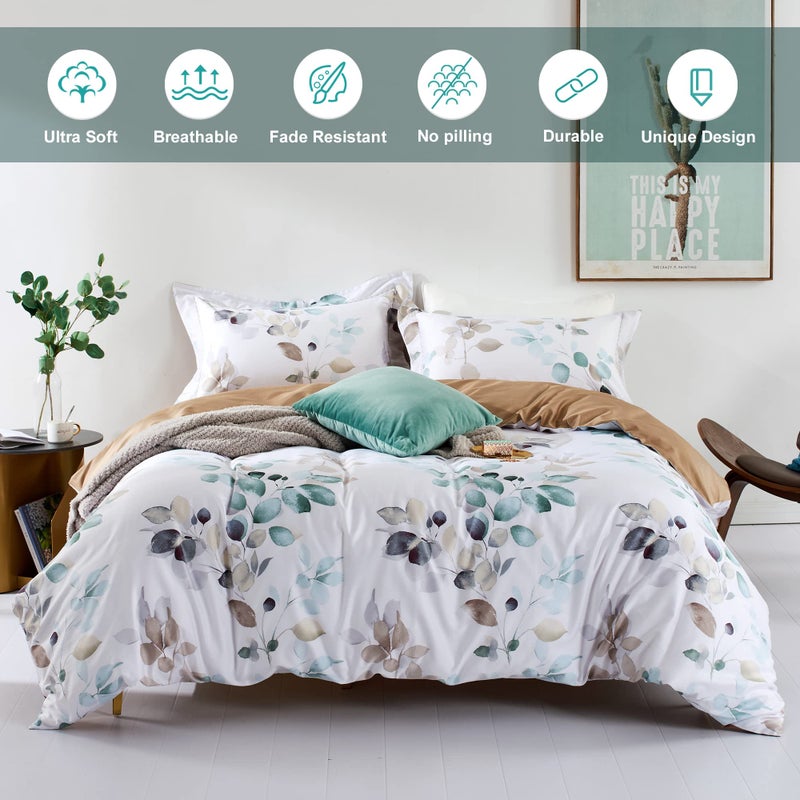 MILDLY 100% Long-Staple Cotton Duvet Cover Set Teal Blue Green Leaf Pattern Printed Comforter Cover 2pcs, Ultra Soft & Breathable Bedding Set - Image 2